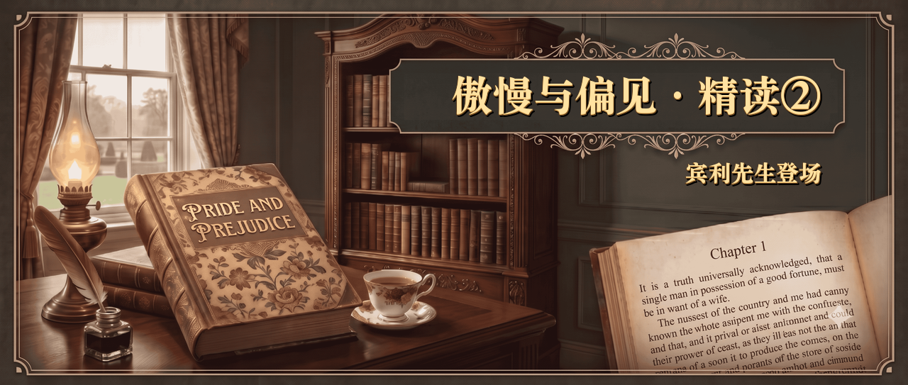 傲慢与偏见精读第二篇封面，古典书房背景上写着宾利先生登场